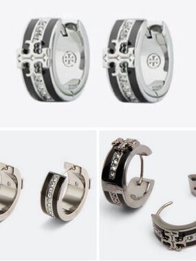 Tory Burch Silver-Tone Black Enamel Hoop Earrings with Crystals